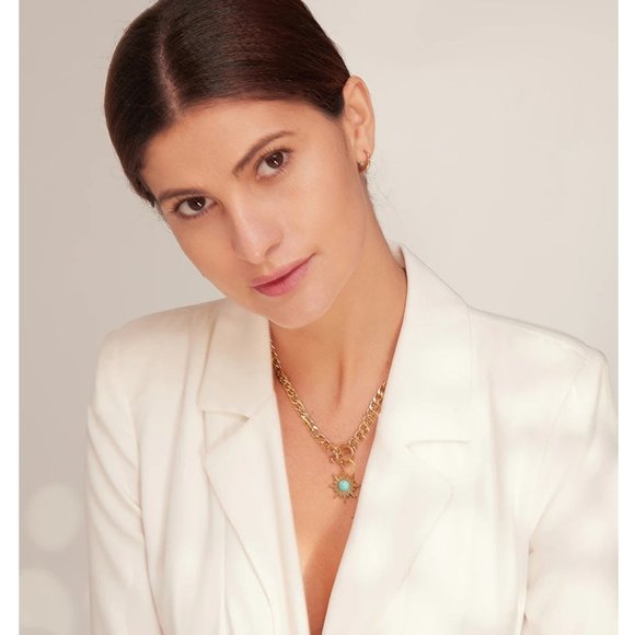 NEW 18K Gold Plated Turquoise Sun Circle Toggle Bar Link Chain Necklace - Picture 6 of 8